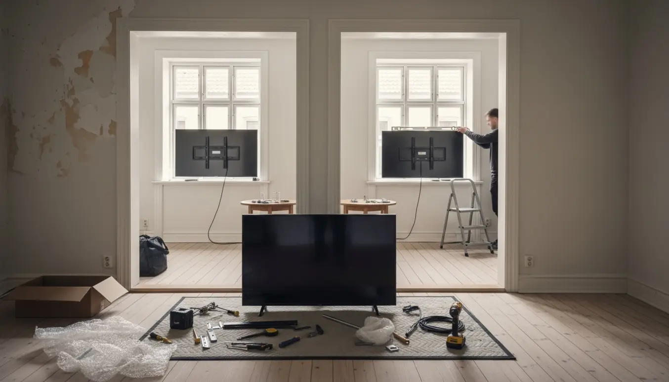 To fladskærme og værktøj i en lys Vesterbro-lejlighed under udskiftning og montering.