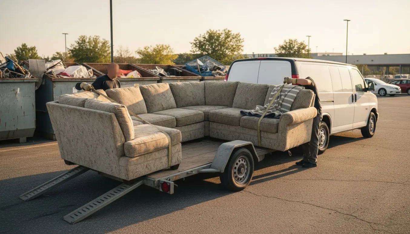 Tre moduler af en gammel U-formet sofa læsses på en trailer ved en genbrugsplads i Hammel.