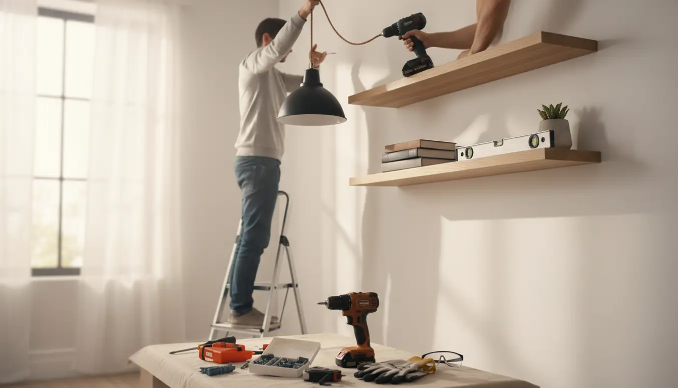Person på en trappestige monterer en loftslampe, mens to træhylder sættes op på en lys væg.