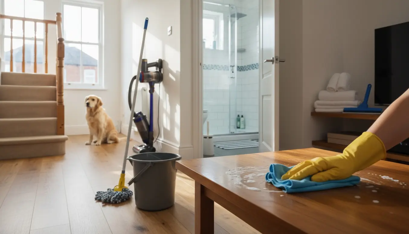 Lyse, ryddede rækkehusrum med rengøringsudstyr ved trappe og en hund i baggrunden.