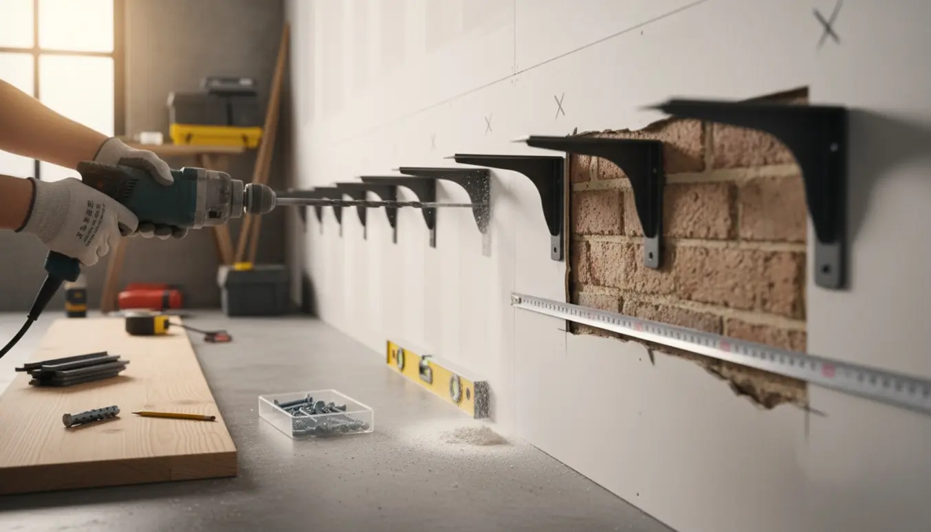 Hænder monterer hyldeknægte på en gipsvæg med synlig mursten bagved og værktøj på et bord.