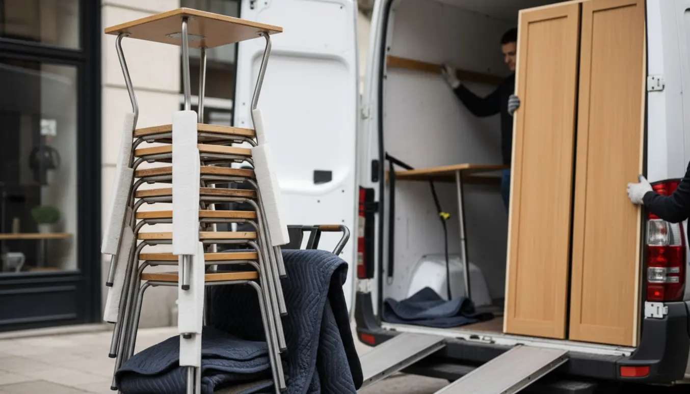 Flyttefolk læsser 7 barstole, 2 høje cafeborde og 4 garderobeskabslåger ind i en varevogn.