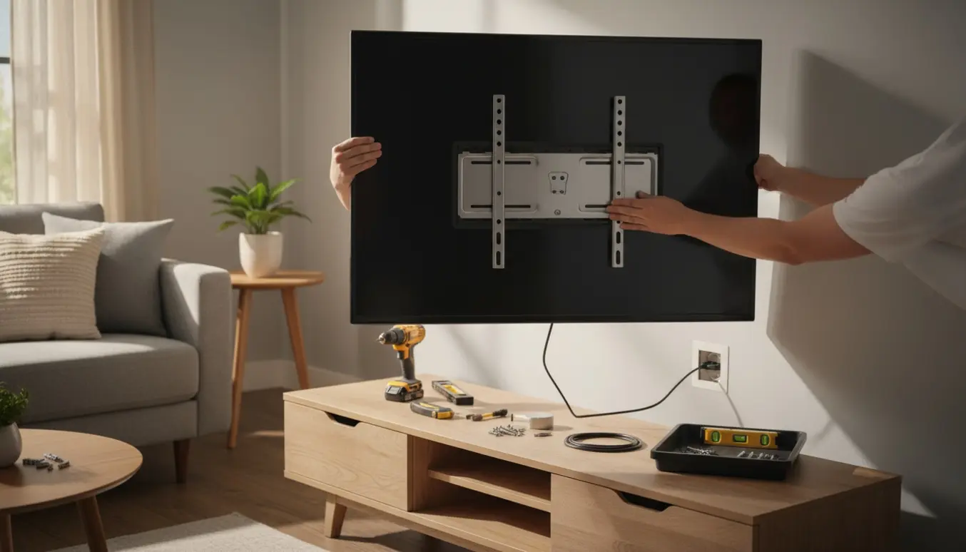 En 55" fladskærm monteres på en væg med beslag og værktøj i en lys, moderne stue.