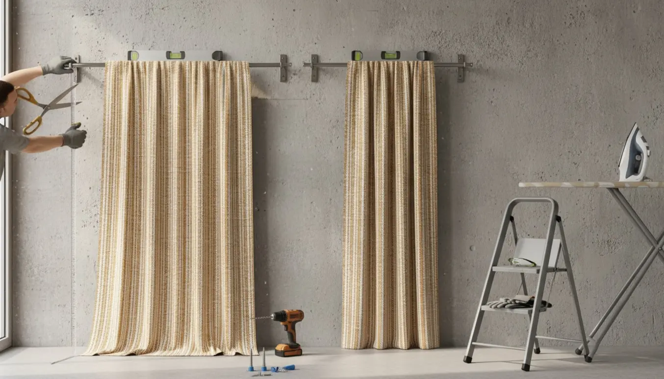 Nærbillede af hænder, der beskærer og hænger to gardiner op på en betonvæg med værktøj ved siden af.
