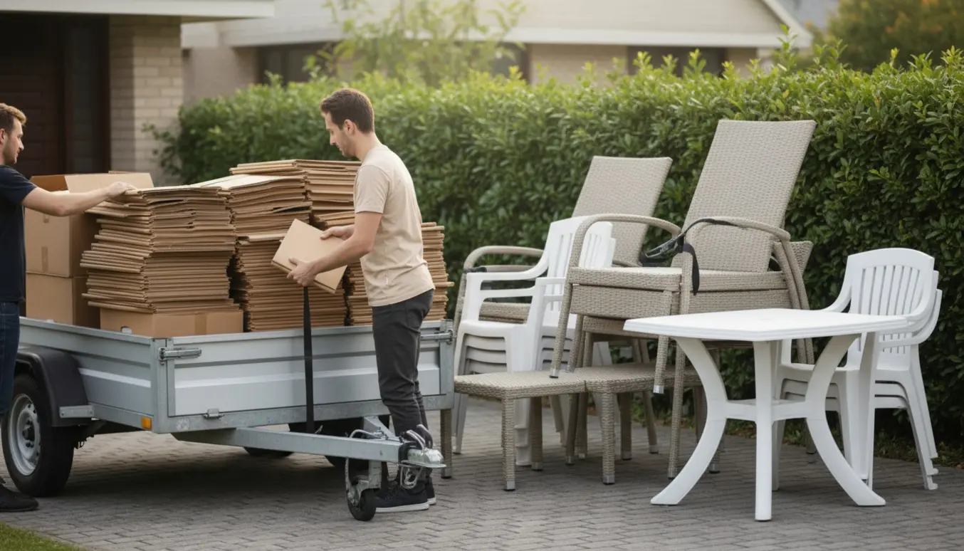 Trailer fyldt med sammenpresset pap ved indkørsel og lette havefletmøbler stablet ved siden af, klar til afhentning.