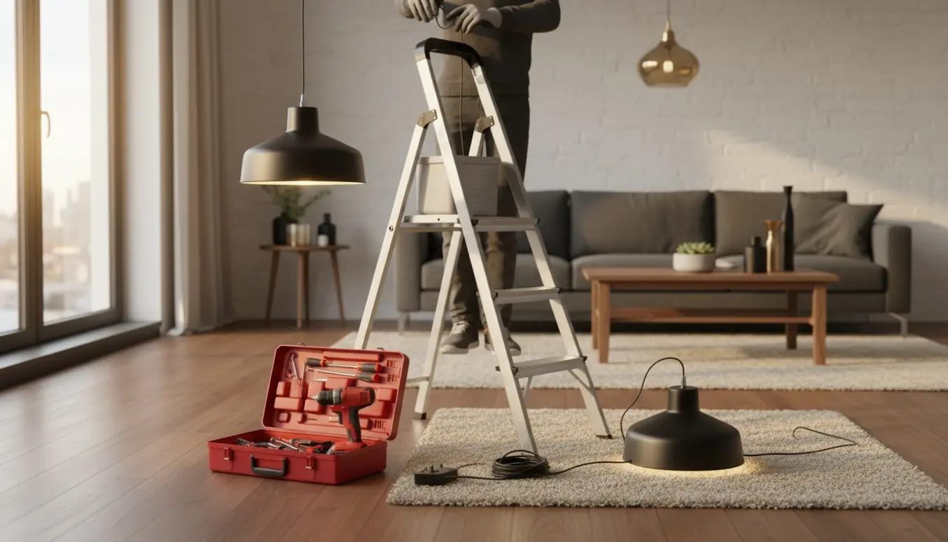 En handyman monterer to loftlamper i en hyggelig stue; hænder og værktøj er i fokus.