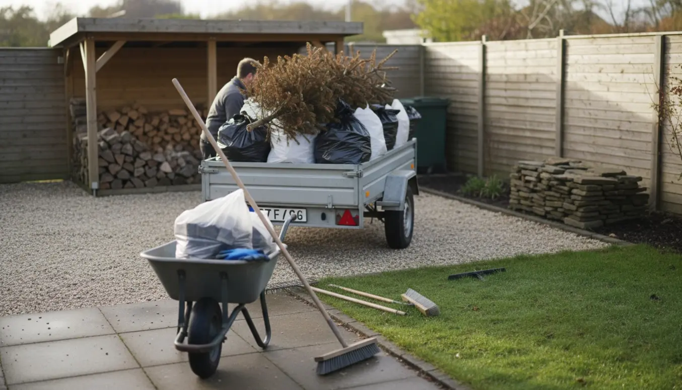 Oprydning i for- og baghave med trailer, indbundet juletræ og en bunke Skagensbrud i hjørnet.