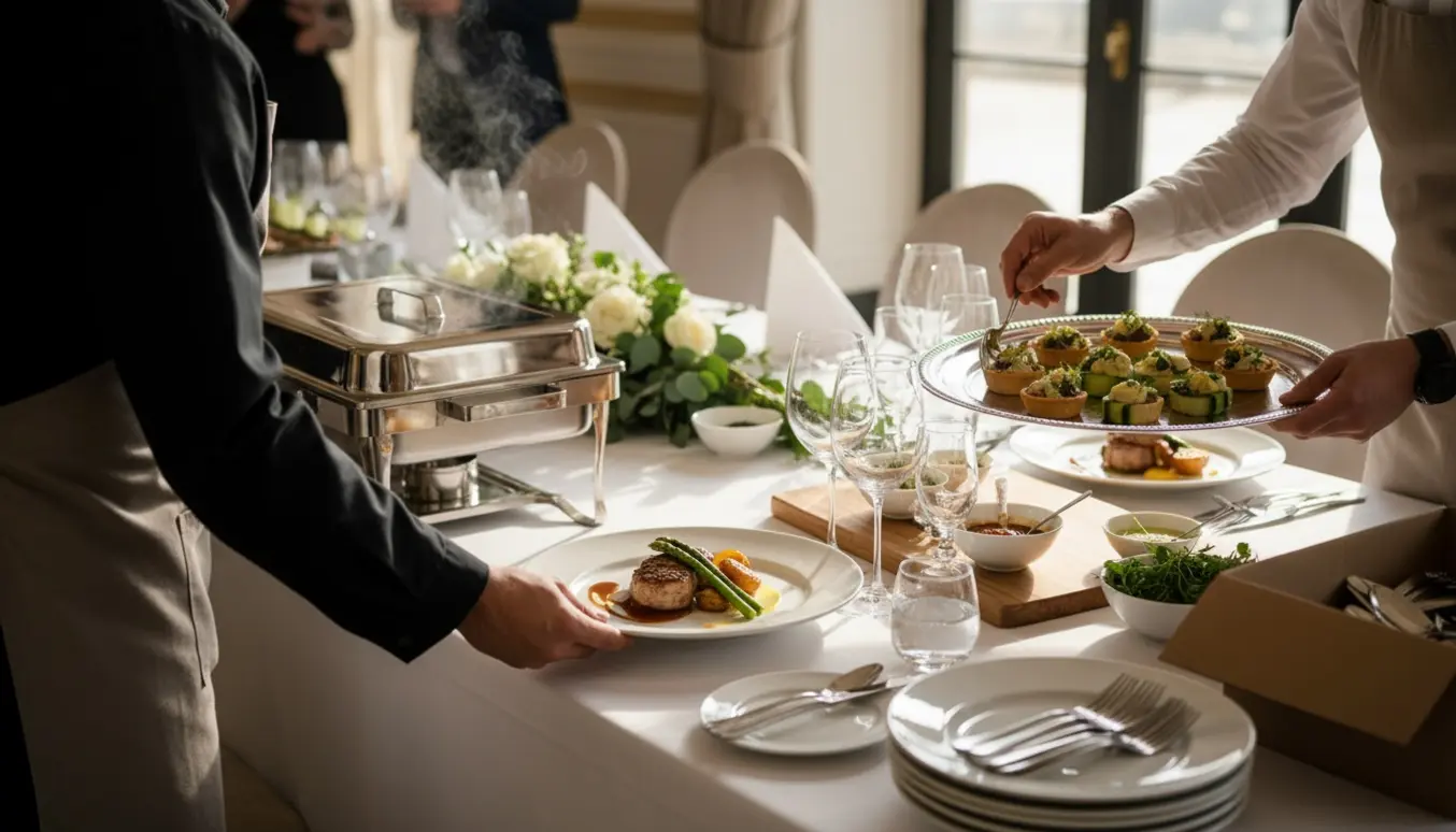 To tjenere anretter og serverer mad ved et hvidduget bord i dagslys ved en konfirmationsreception.
