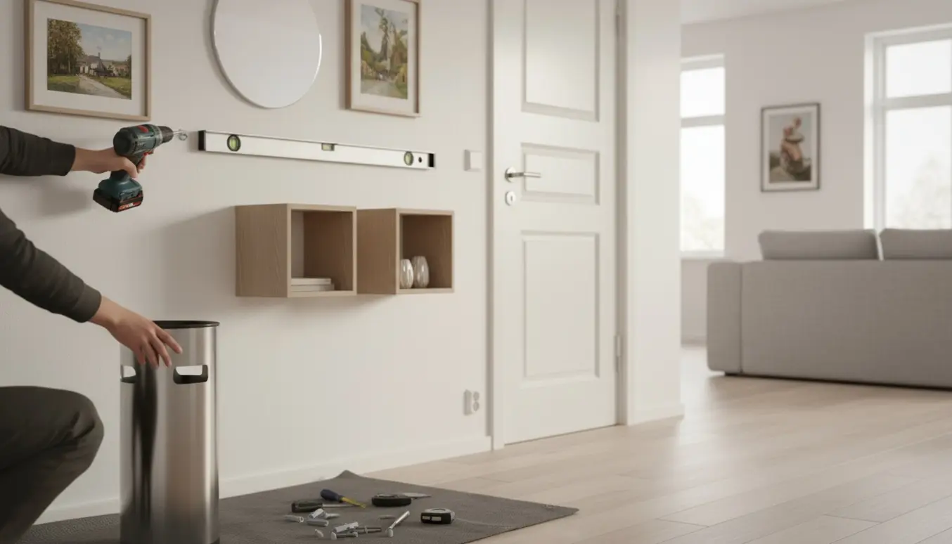 Hænder hænger malerier og spejl op ved siden af hylder, nyt skraldestativ og tre nye dørhåndtag i et lyst, skandinavisk rum.