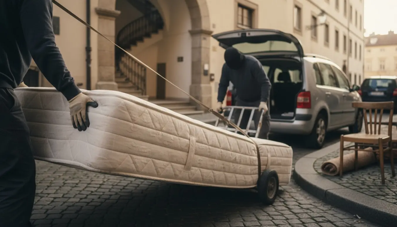 En stor boxmadras bæres ud fra en lejlighed og lægges ved fortovet til storskrald.