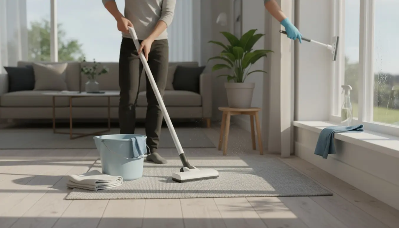 Person uden synligt ansigt gør rent i en lys, ryddelig stue med støvsuger, moppe og vinduesrens.