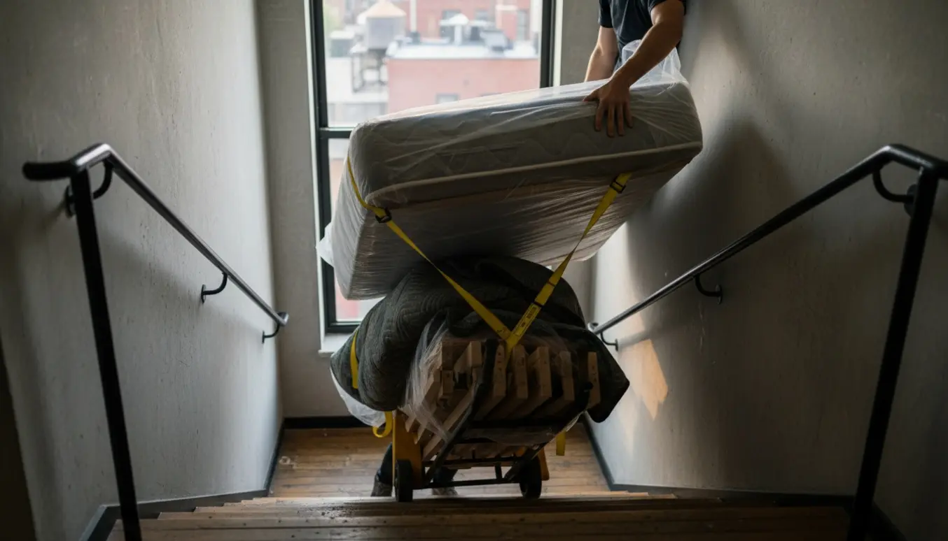 Flytning af en halvandenmandsseng ned ad trappen fra en lejligheds 4. sal med flytteudstyr, uden tydelige ansigter.