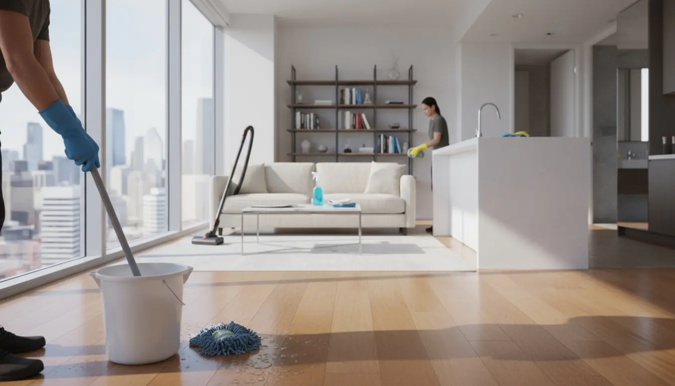 Rengøringsscene i en lys 12. sal lejlighed med hænder, der mopper gulvet og udsigt over byen.