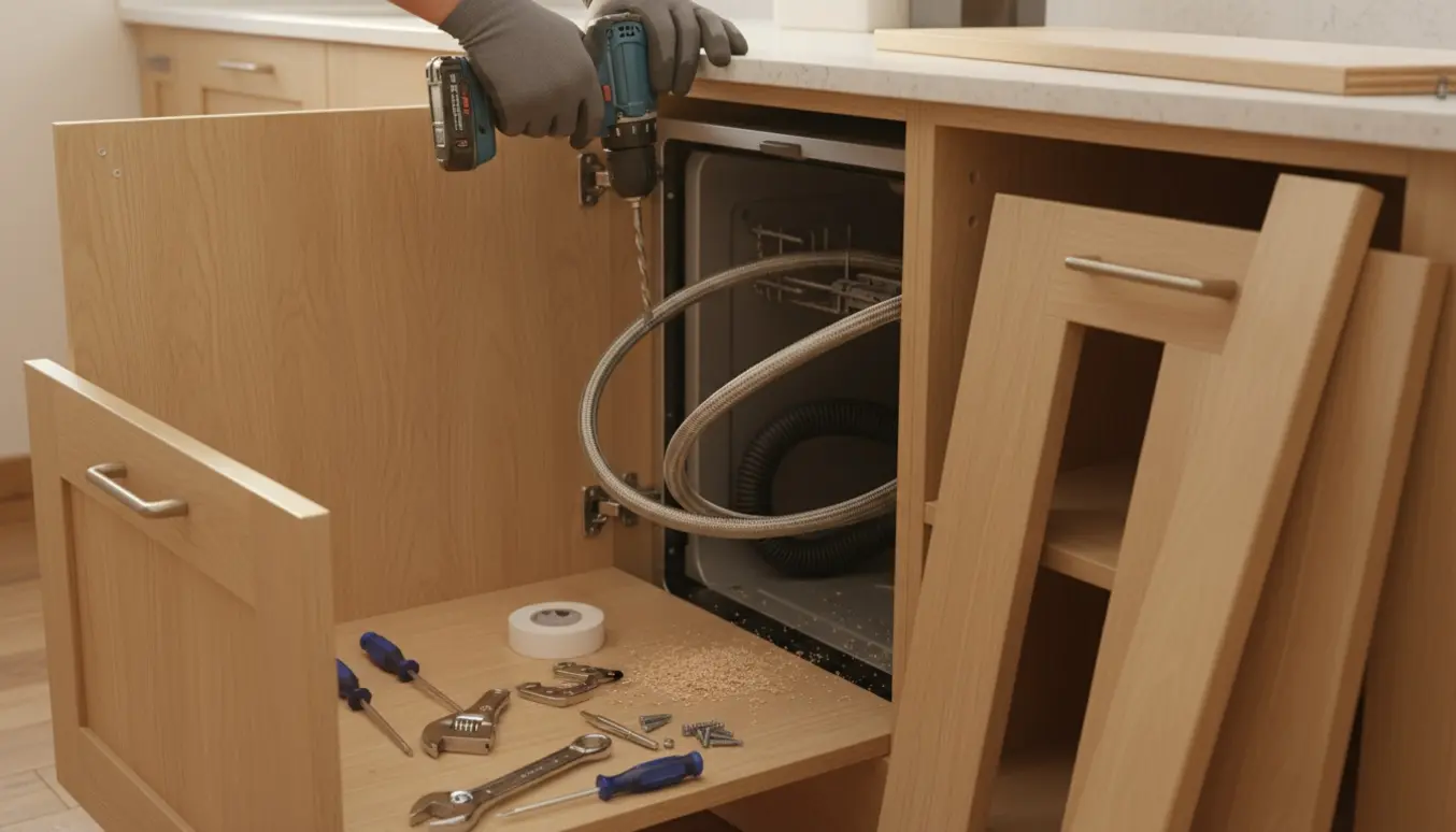 Borer hul i køkkenskab og sætter opvaskemaskine på plads med værktøj og slanger synlige.