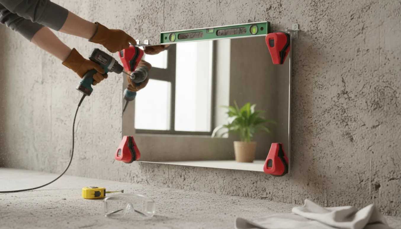 Håndværker hænger et stort spejl op på en ru betonvæg med bor, ankre og sugekopper.