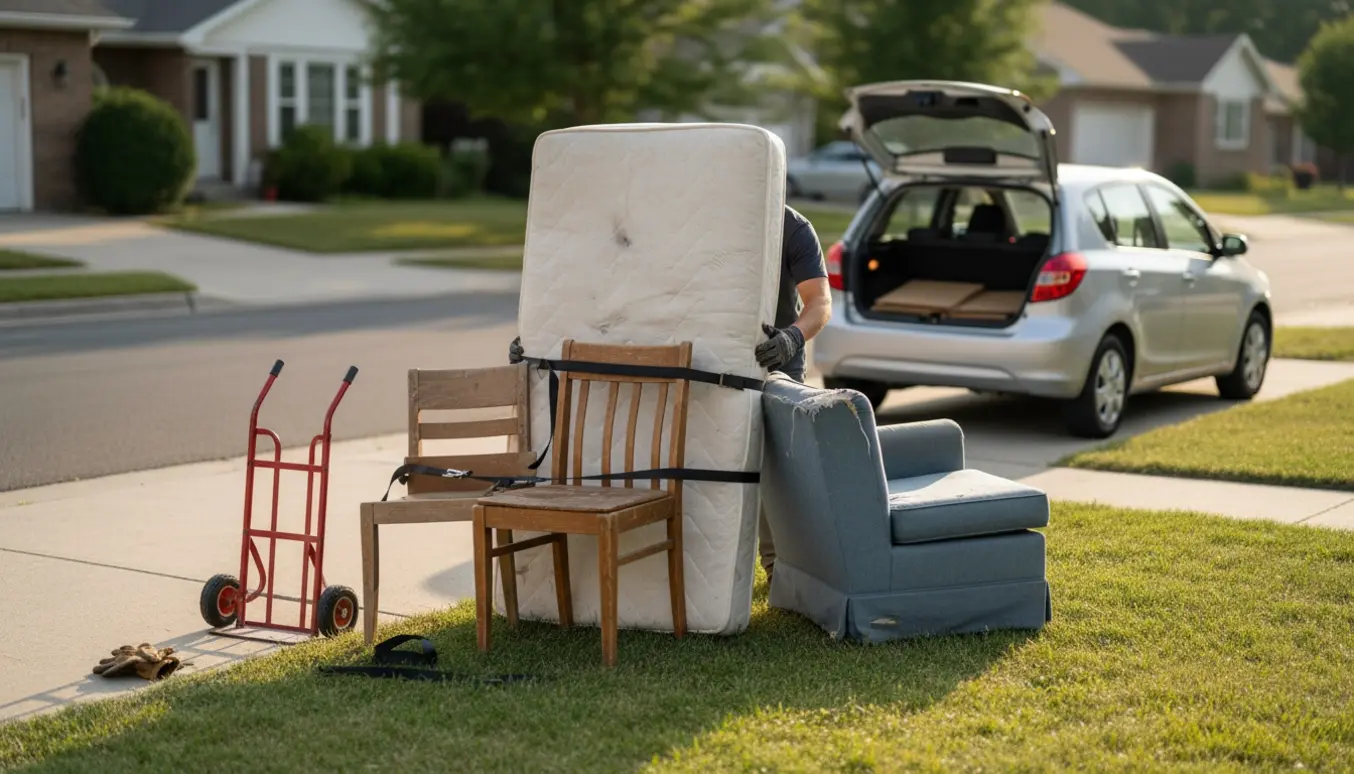 Tre stole og en madras ved indkørslen klar til at blive læsset i en bil.