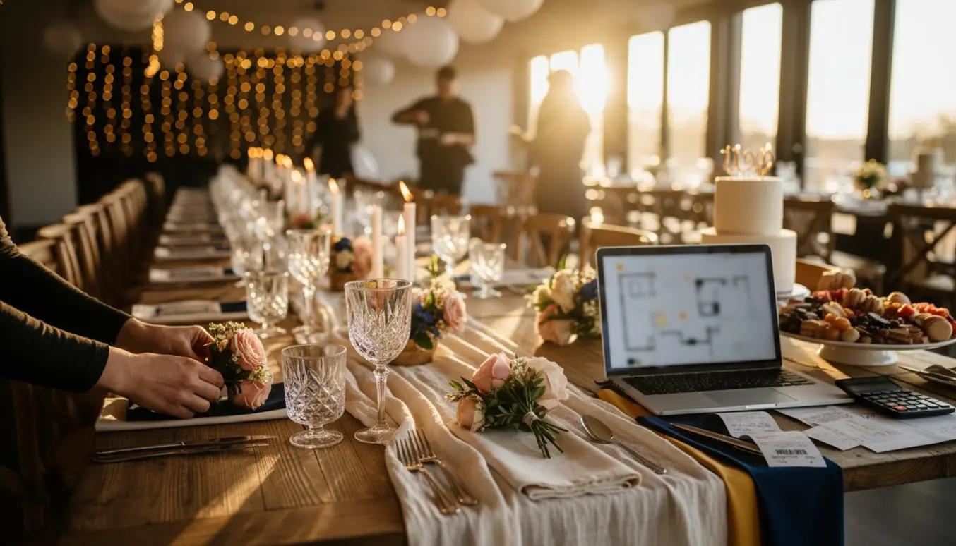 Forberedelse af elegant bordopdækning i et varmt oplyst festlokale til en 30-års fødselsdag.