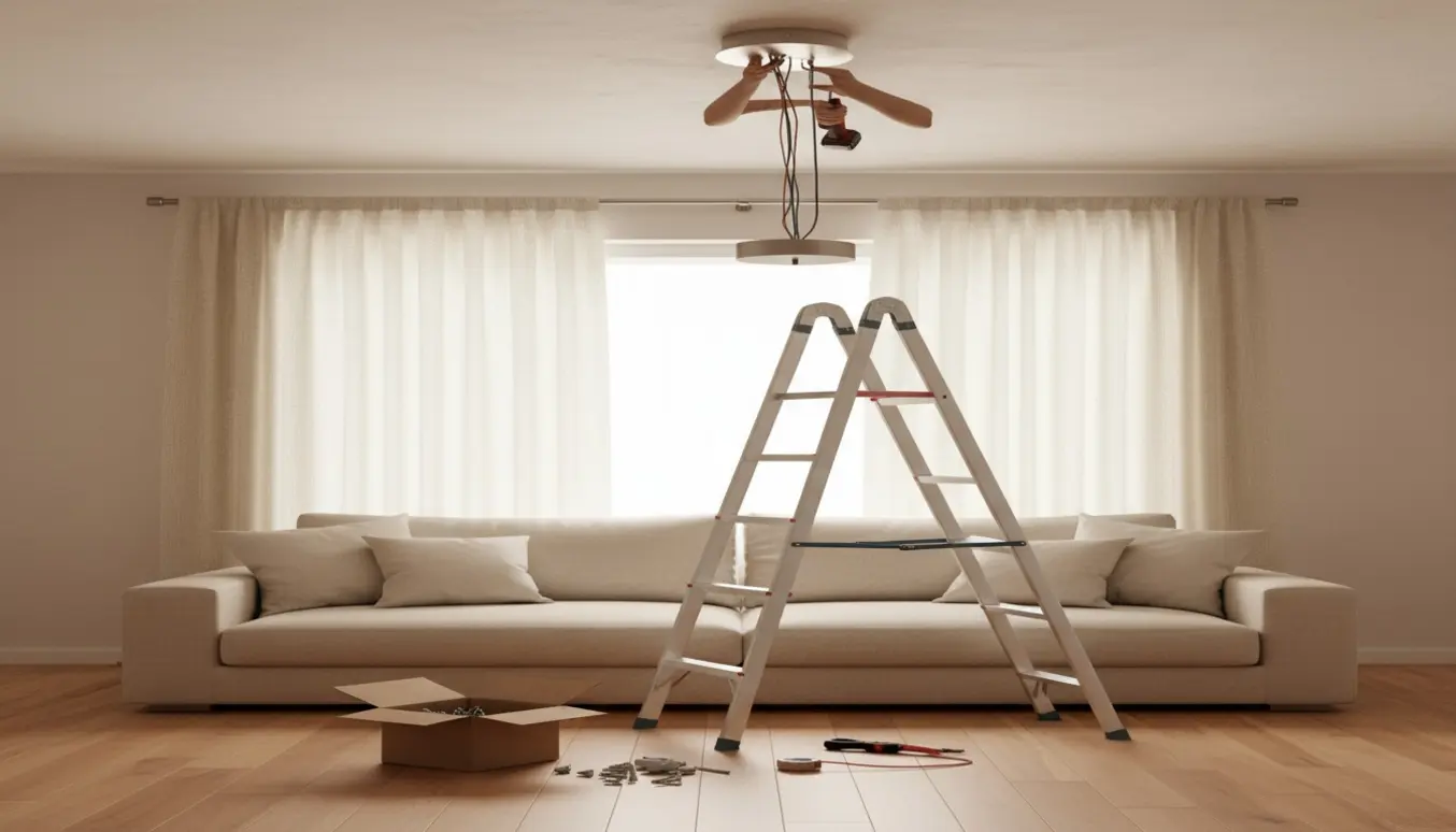 Hænder monterer en loftlampe mens nyligt opsatte gardiner hænger ved et vindue.