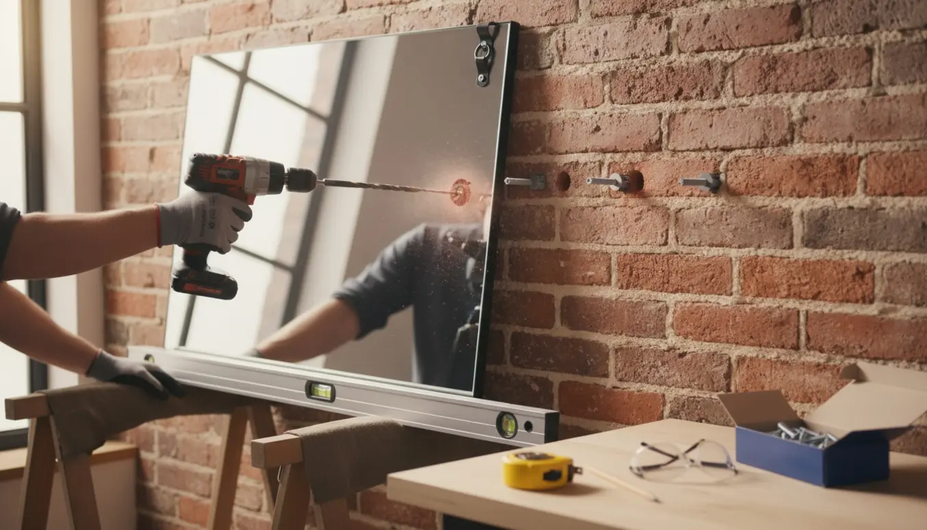 Nærbillede af borearbejde, hvor et tungt spejl hænges op på en indvendig murstensvæg med rawlplugs og skruer.