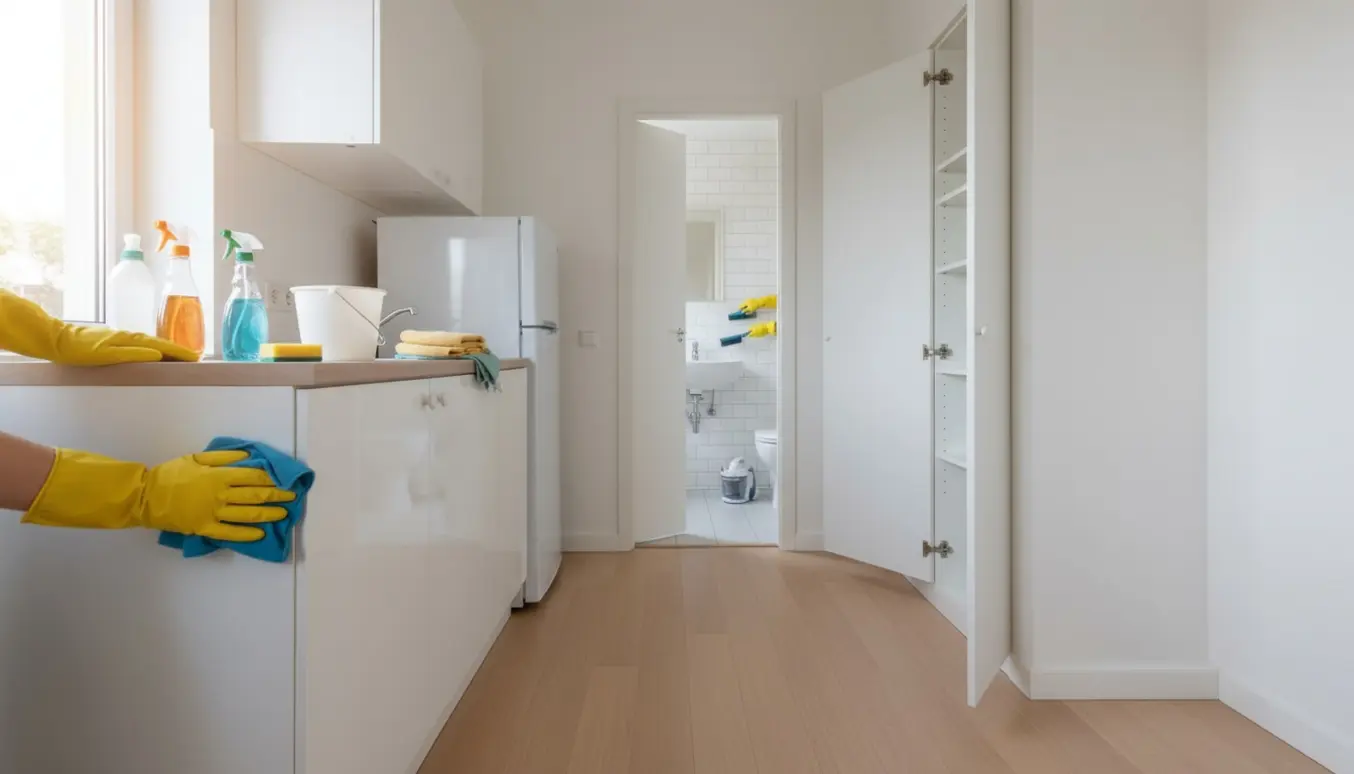 Hænder i gummihandsker tørrer et køkkenskab i en lille lejlighed under flytterengøring.