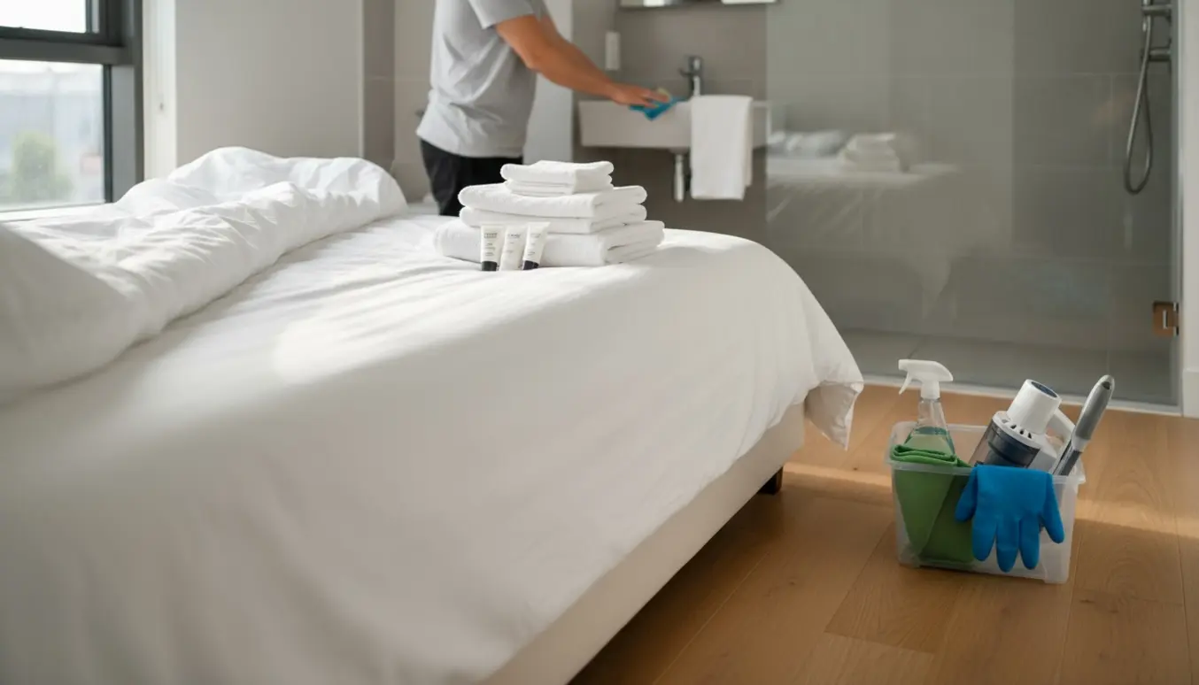 Lyst, moderne Airbnb-turnover med nyopredt seng, stak rene håndklæder og rengøringsudstyr i soveværelse og badeværelse.