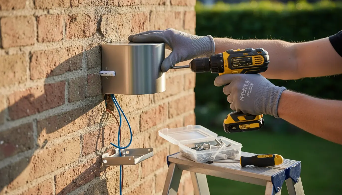 Nære hænder genopsætter en udendørsvæglampe med nye skruer og rawlplugs foran en mur.