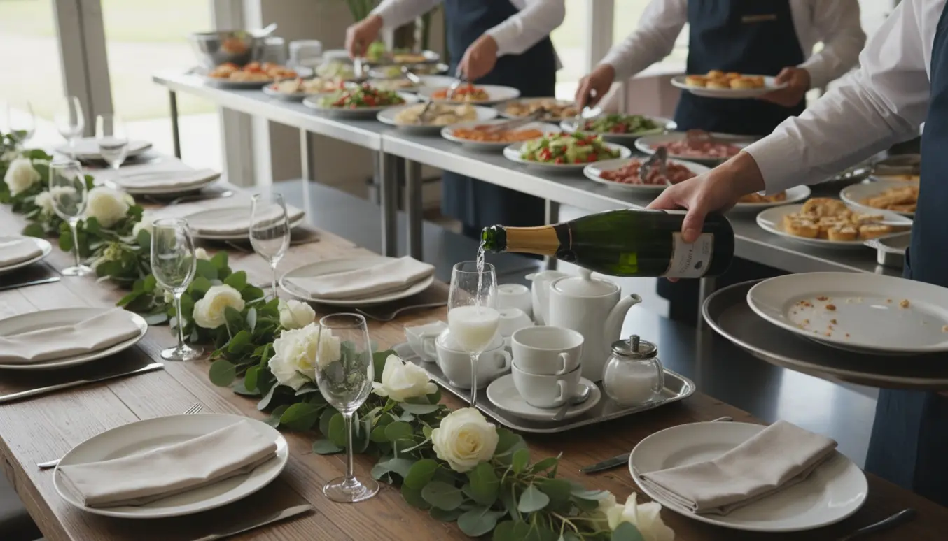 Hænder serverer champagne, anretter buffet og stiller kaffe ved et fødselsdagsbord.