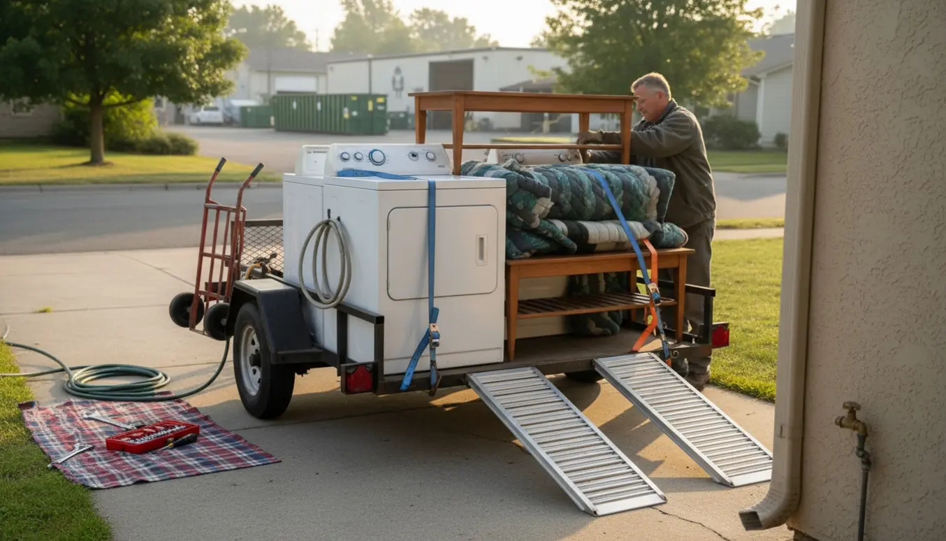Trailer læsset med vaskemaskine, tørretumbler og to sofaborde ved indkørsel, med sækkevogn og værktøj klar.