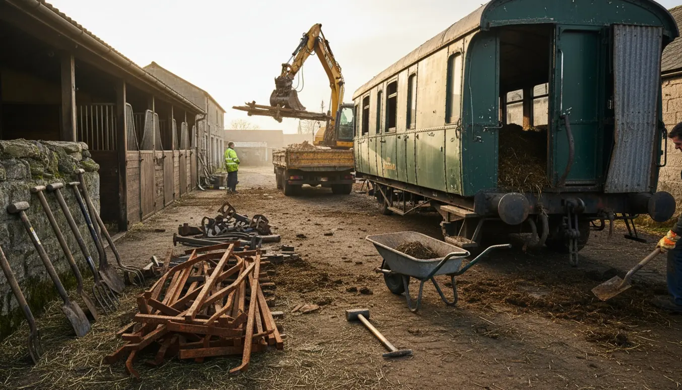 Halvnedrevet togvogn og to tomme hestebokse på en gårdsplads med bunker af jern og arbejdsværktøj.