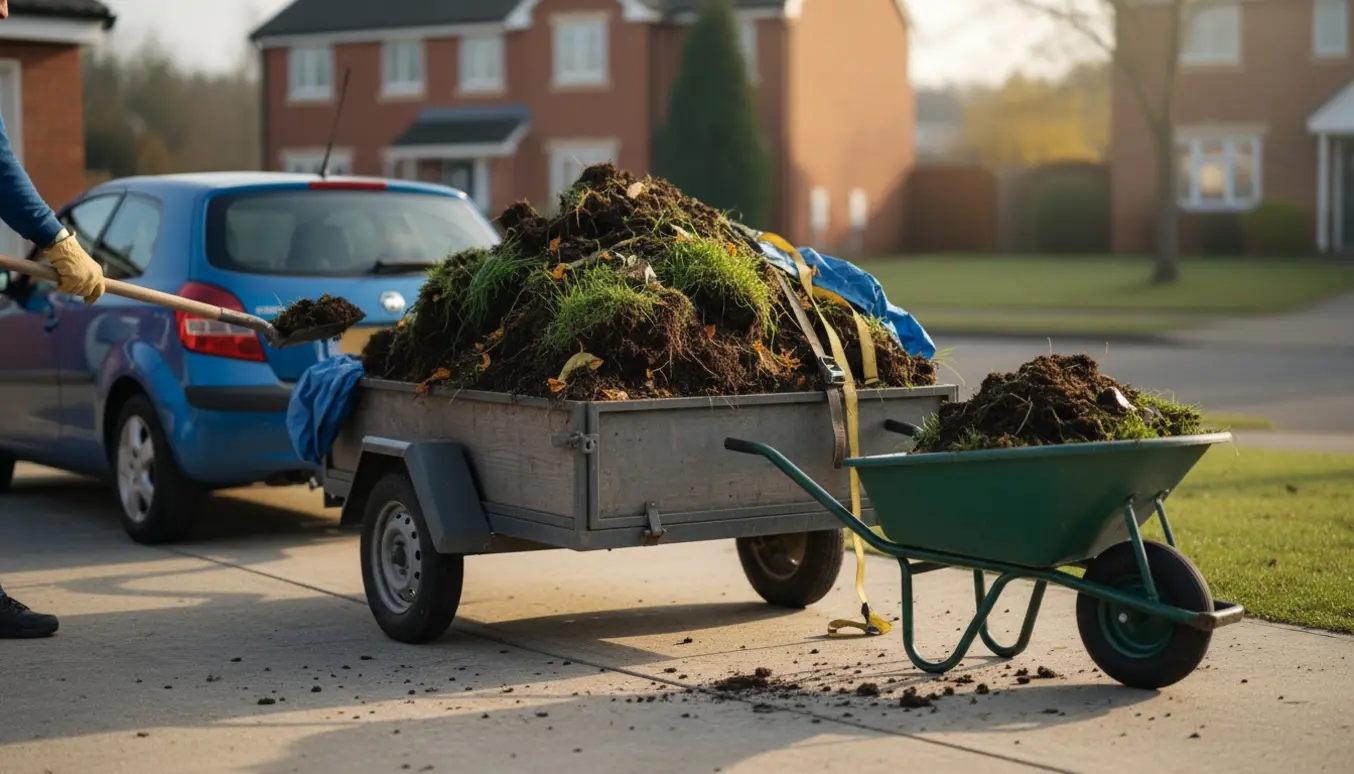 Åben trailer fyldt med jord og græs på indkørsel klar til kørsel til genbrugspladsen.