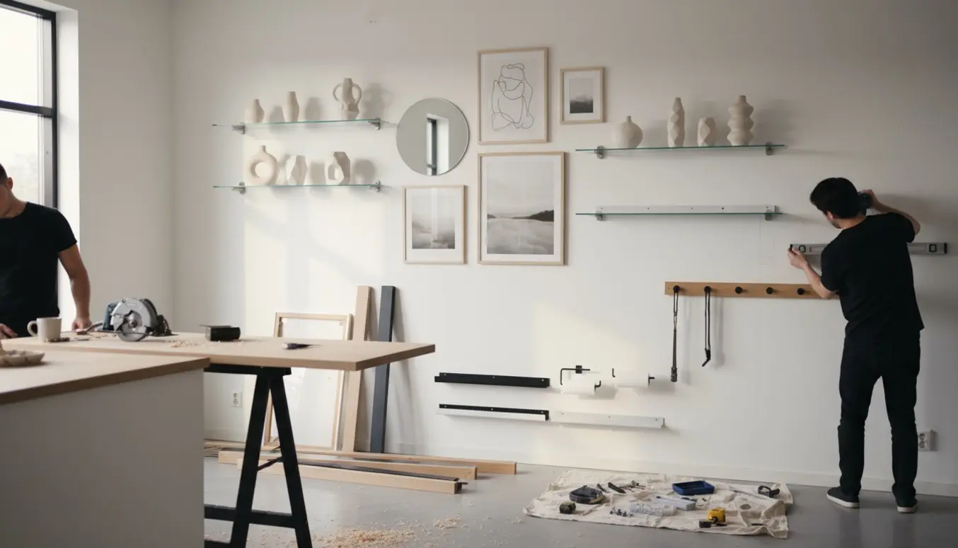 Montering af billeder, glashylder, keramiksager og køkkentilbehør på en lys væg med et afkortet bord og værktøj i forgrunden.