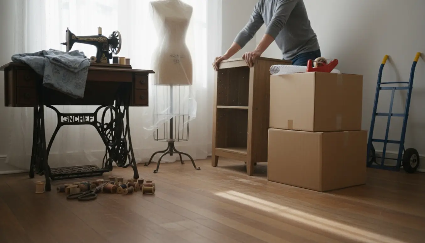 Et næsten tømt værelse med sybord, gine og en lille hyldereol klar til flytning.