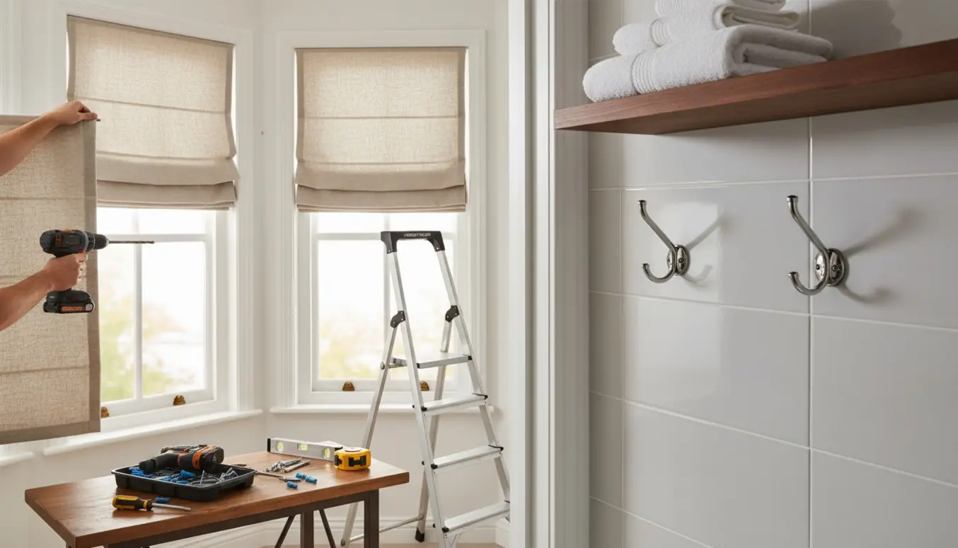 Hænder monterer foldegardiner ved et vindue med værktøj på bordet og nye knager og en lille hylde i flisebadeværelset i baggrunden.
