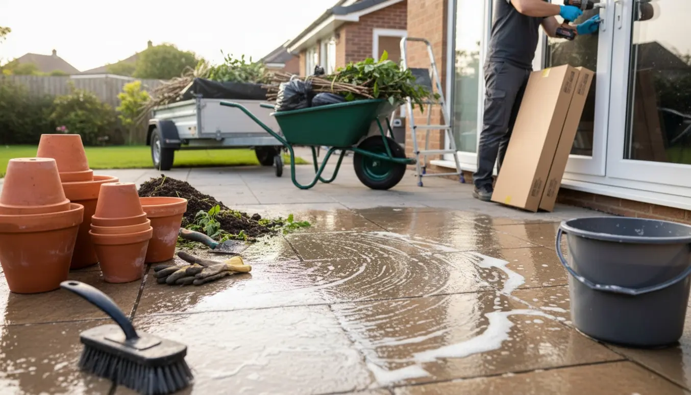 Nyskrubbet terrasse med stakkede krukker, trillebør med haveskrald og en person uden synligt ansigt, der monterer persienner.