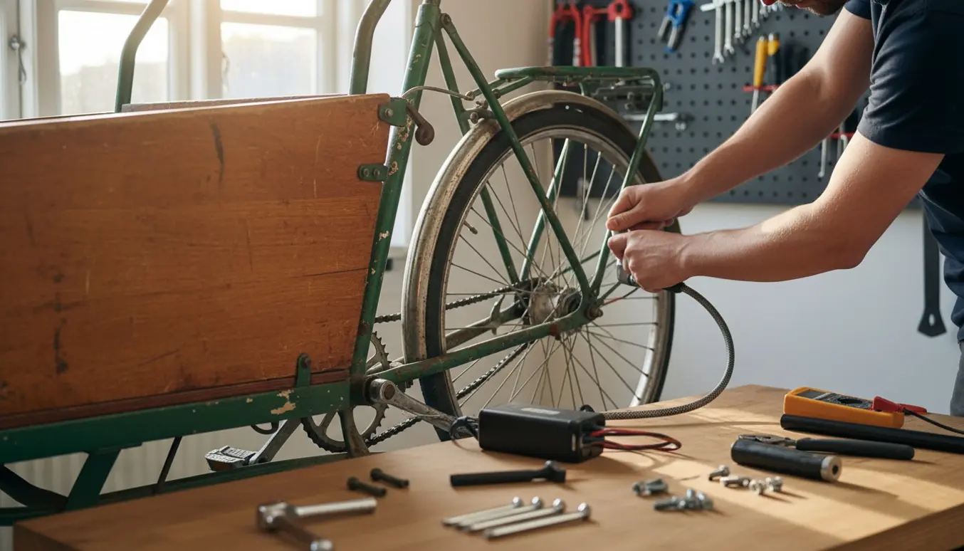 Nærbillede af hænder, der monterer en elmotor på en gammel budcykel i et veloplyst værksted.