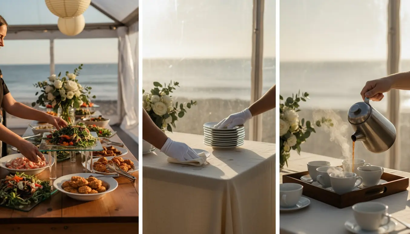 To kvinder anretter buffet og rydder af i et havetelt ved vandet, mens der hældes kaffe op.