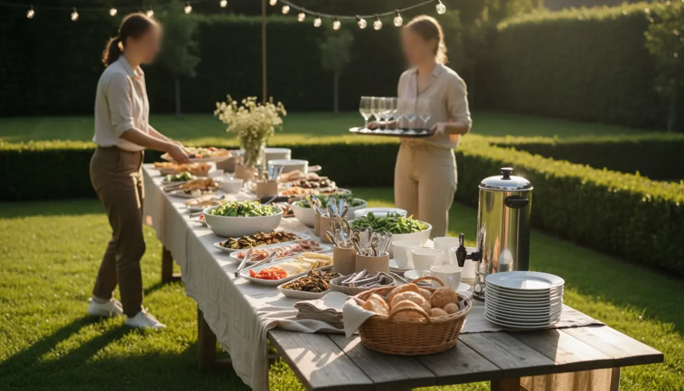 Hænder anretter buffetfade på et havebord til konfirmation med stak tallerkener og kaffekande.