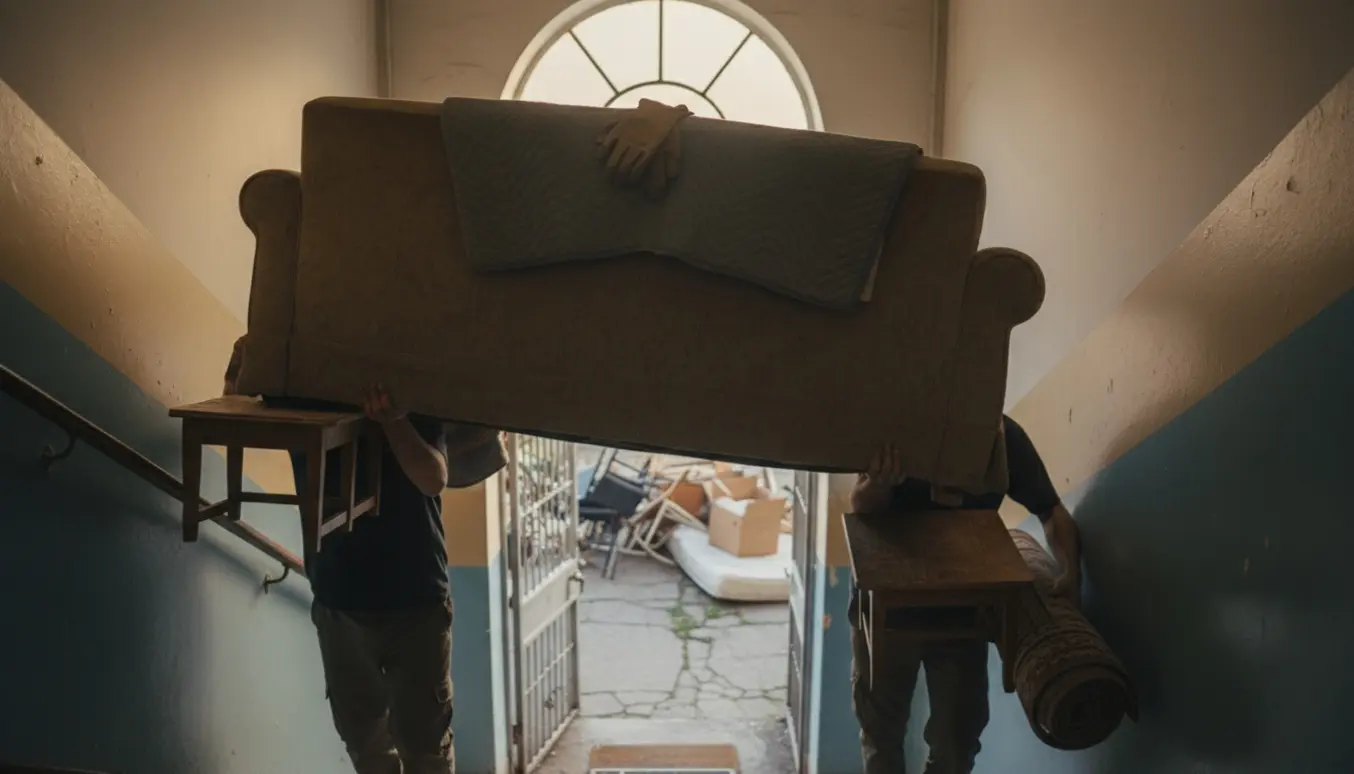 To personer bærer en sofa, et lille sofabord og et tæppe ned ad en opgang mod storskraldsområdet udenfor.