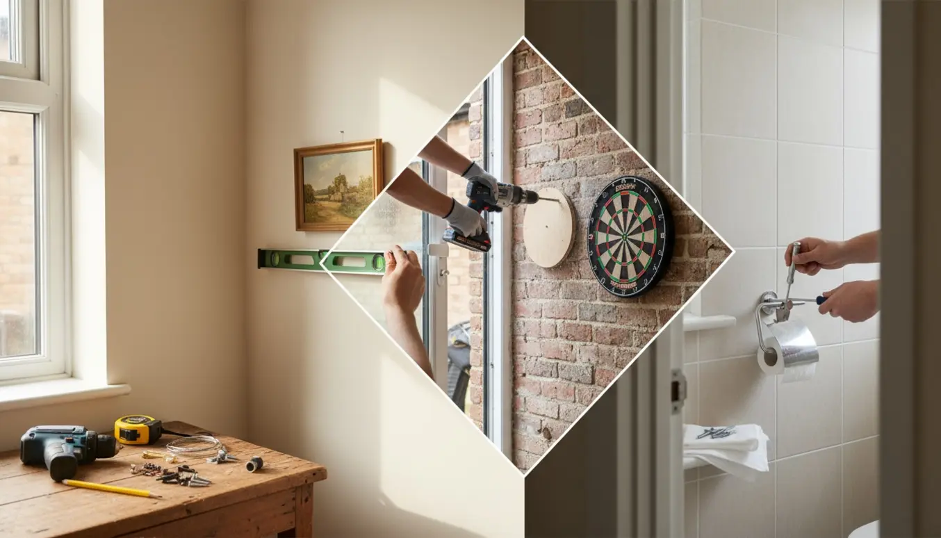 Hænder monterer et lille maleri indendørs, mens andre hænder sætter en dartskive på en muret væg og en toiletrulleholder i et badeværelse.