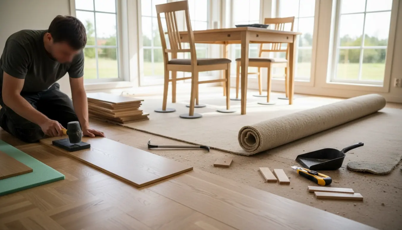 Møbleret sommerhus under renovering med rullet tæppe og nyparket under lægning.