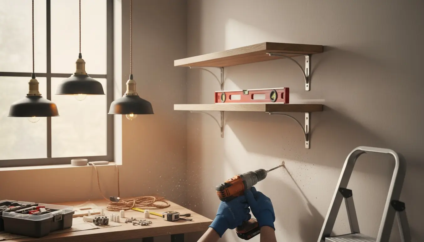 Hænder monterer to hylder og tre lamper på en væg med boremaskine og værktøj.