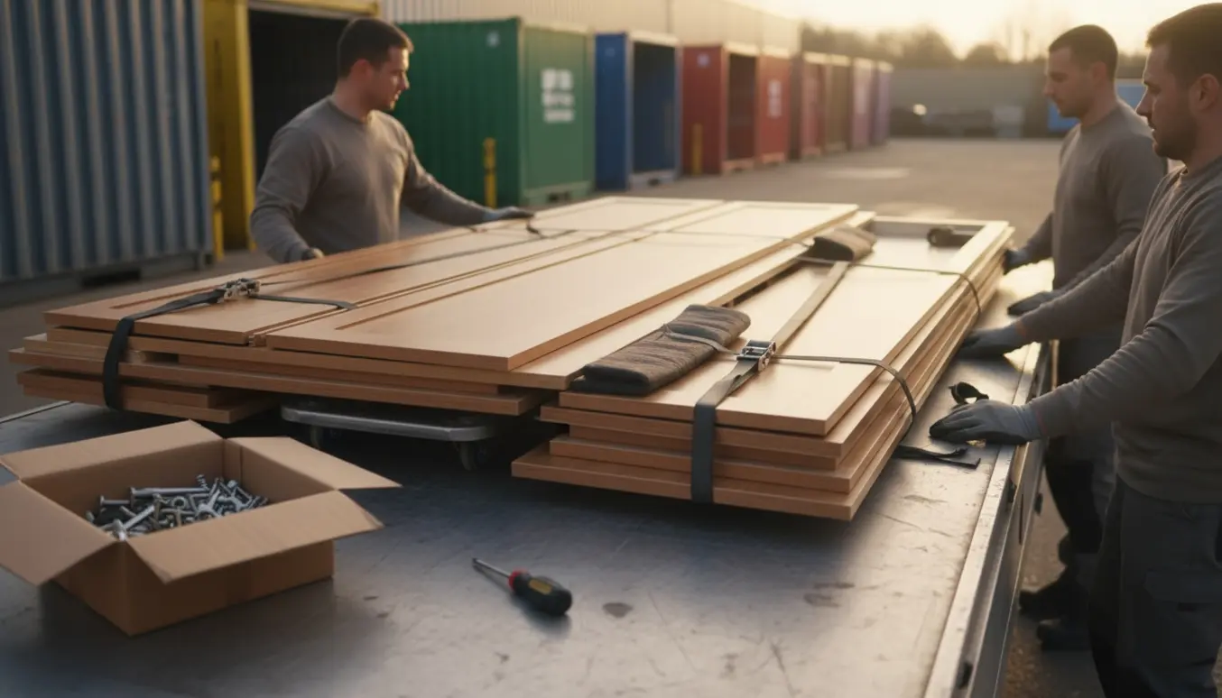 Store skabslåger og skabsdele læsset på en lastbil ved en genbrugsplads, to personer læsser uden synlige ansigter.