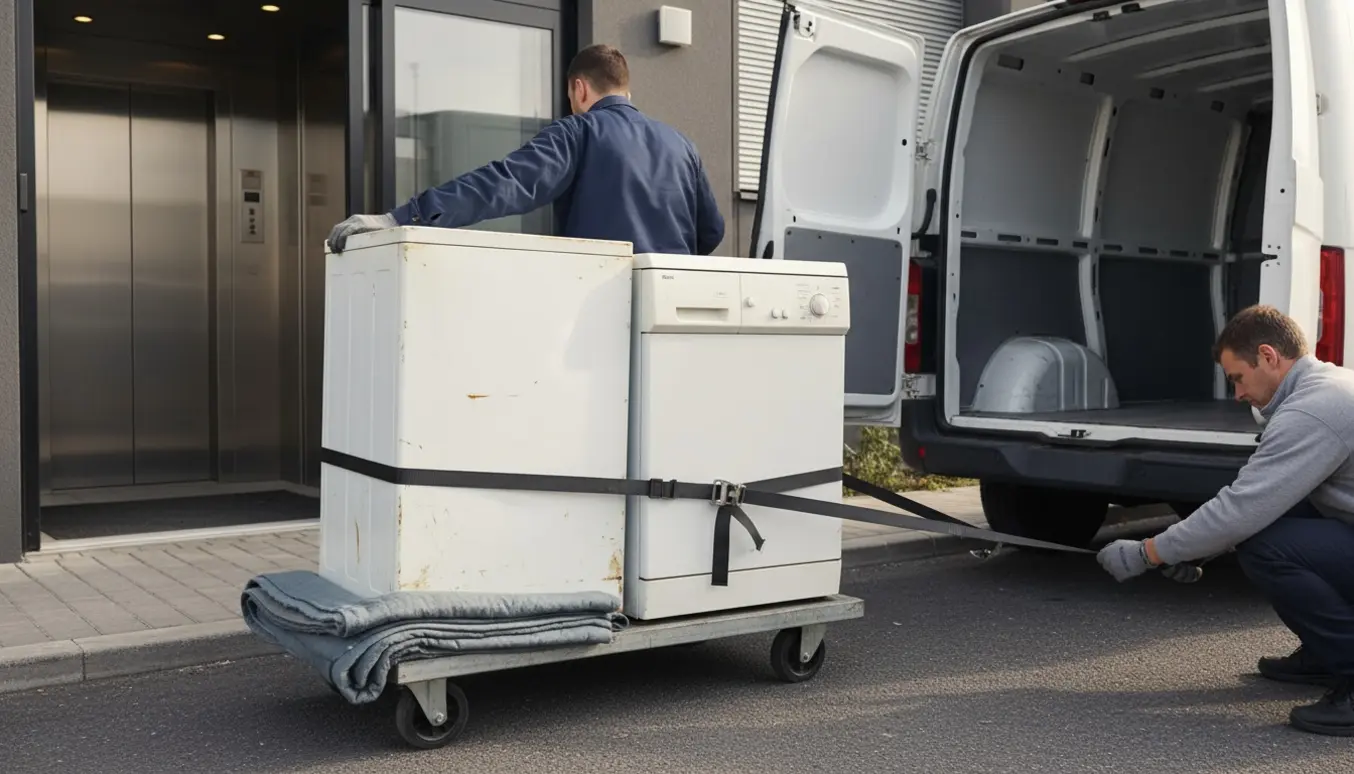 To gamle hvidevarer på en sækkevogn klar til afhentning ved opgang med elevator.