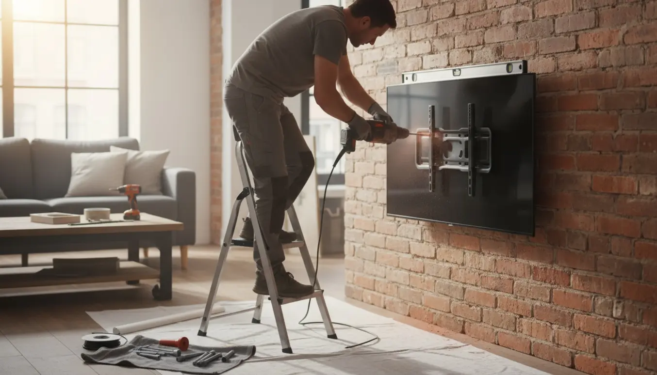 Montering af 65-tommer fladskærm på murstensvæg i stue med boremaskine og vægbeslag.