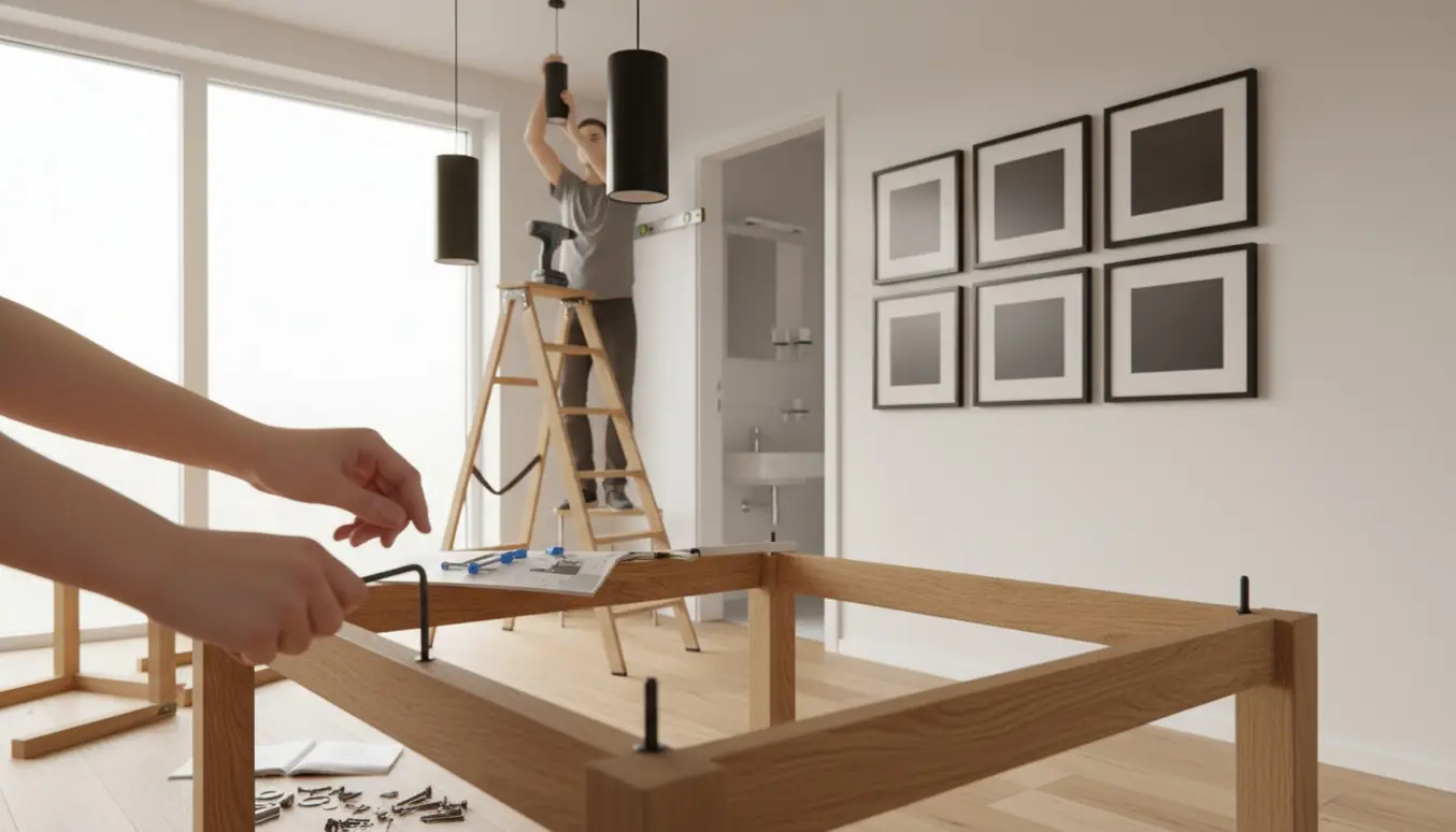 Hænder samler et spisebord, monterer loftslamper, hænger billedrammer og kontrollerer en kop-holder i et lyst hjem.