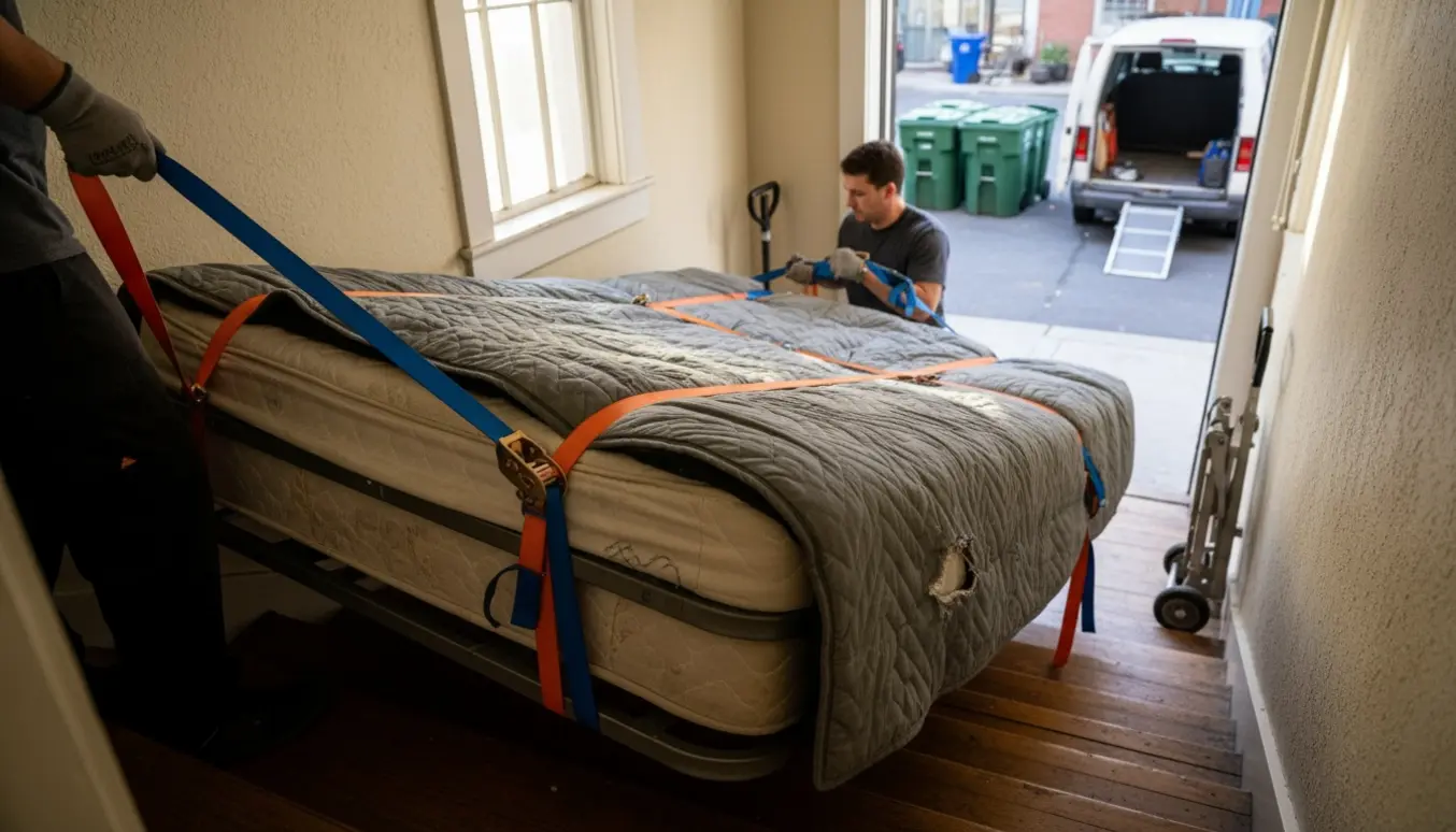 To flyttemænd bærer en tung seng ned ad en opgang mod en varevogn ved genbrugscontainere.