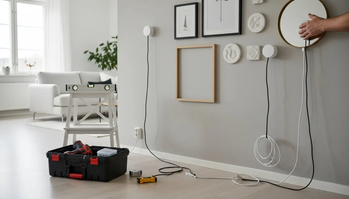 Håndværker hænger billeder, relieffer, spejl og to lamper med sort ledning til loftet og hvid ledning til stikkontakt.