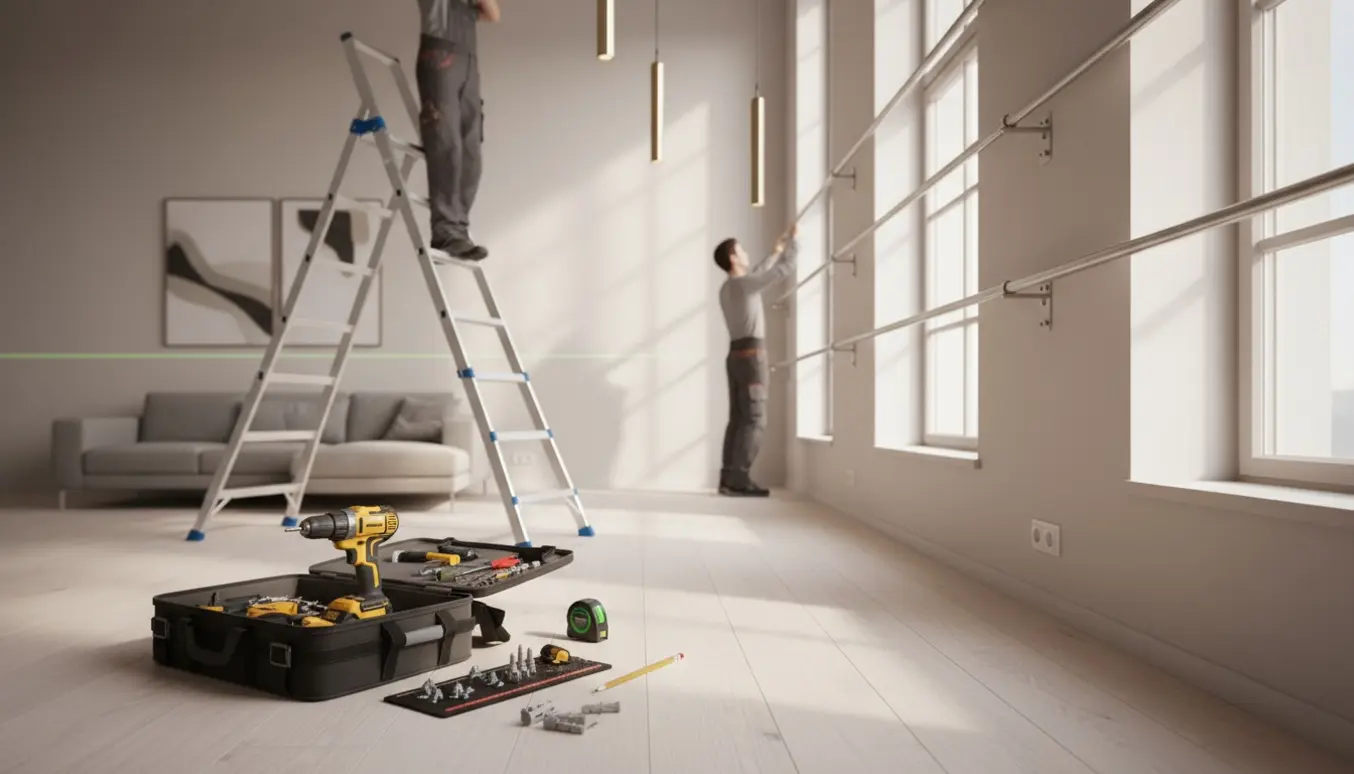 Person på stige hænger lampe i lejlighed med tre monterede gardinstænger langs en ydervæg.