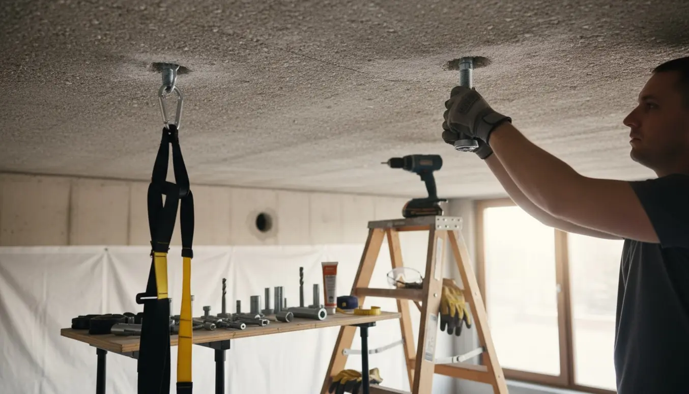 Opsætning af TRX-ophæng i et hårdt betonloft med rawlplugs, boremaskine og karabiner.