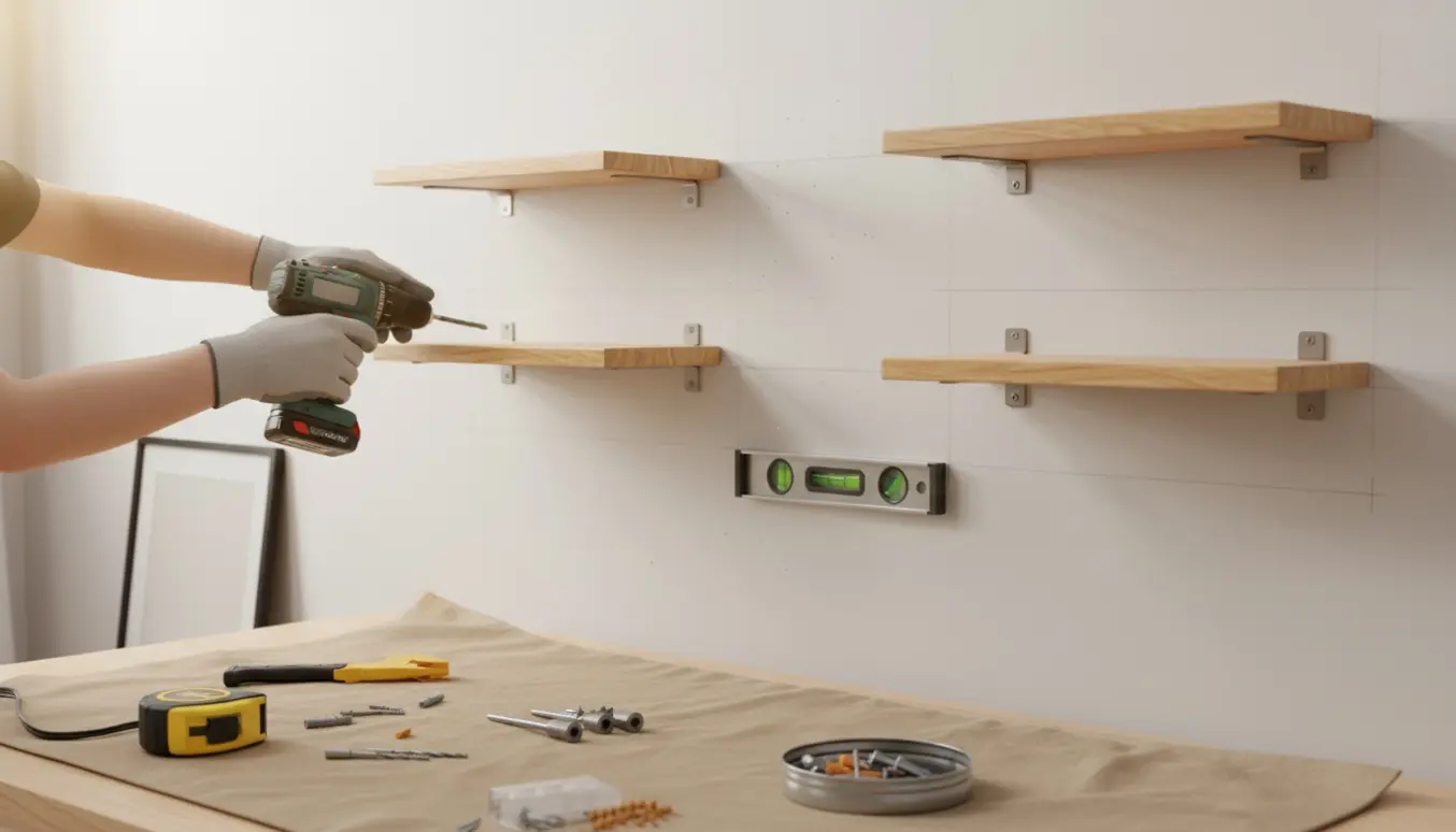 Hånd med boremaskine monterer et billede og tre små træhylder på en neutral væg.